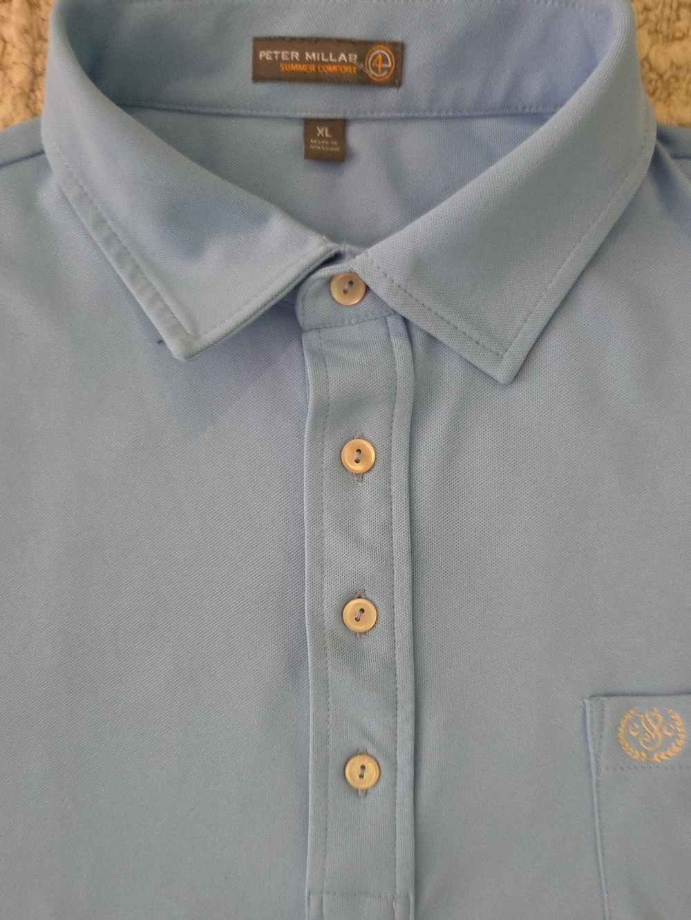 Peter Millar Summer Comfort Men's Golf Polo - Light Blue Crest Pocket - XL
